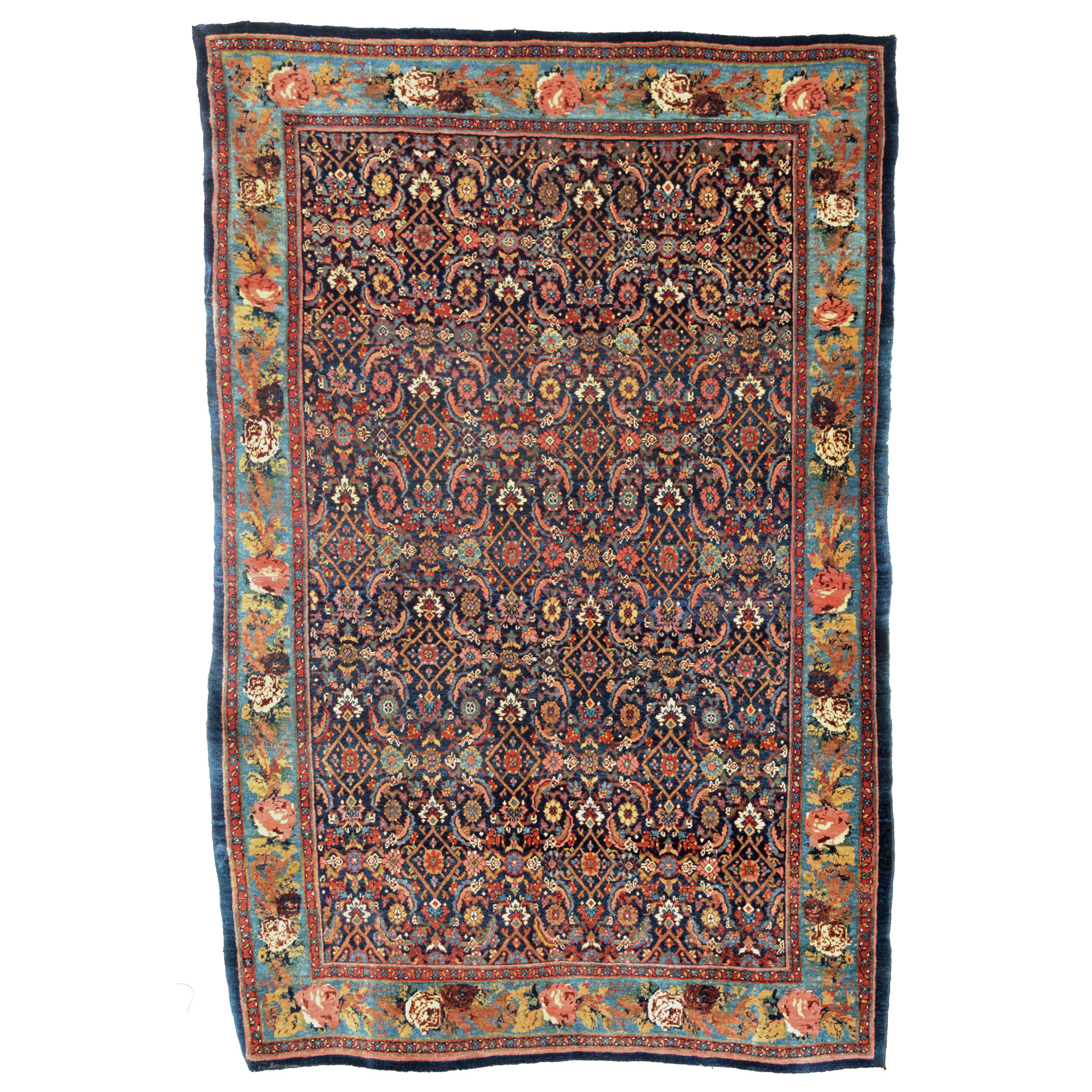 A finely woven antique Persian Bijar rug with the classical Herati design on a navy blue field. A deep sky blue Gul Farang (Foreign Flower) design border frames the field, circa 1900. Douglas Stock Gallery specializes in antique Bidjar rugs and other Kurdish weavings, antique Bidjar rugs Boston,MA area, antique Bidjar rugs Brookline, antique Bidjar rugs Newton, antique Bidjar rugs Wellesley, antique Bidjar rugs Weston, antique Bidjar Rugs Natick,MA area