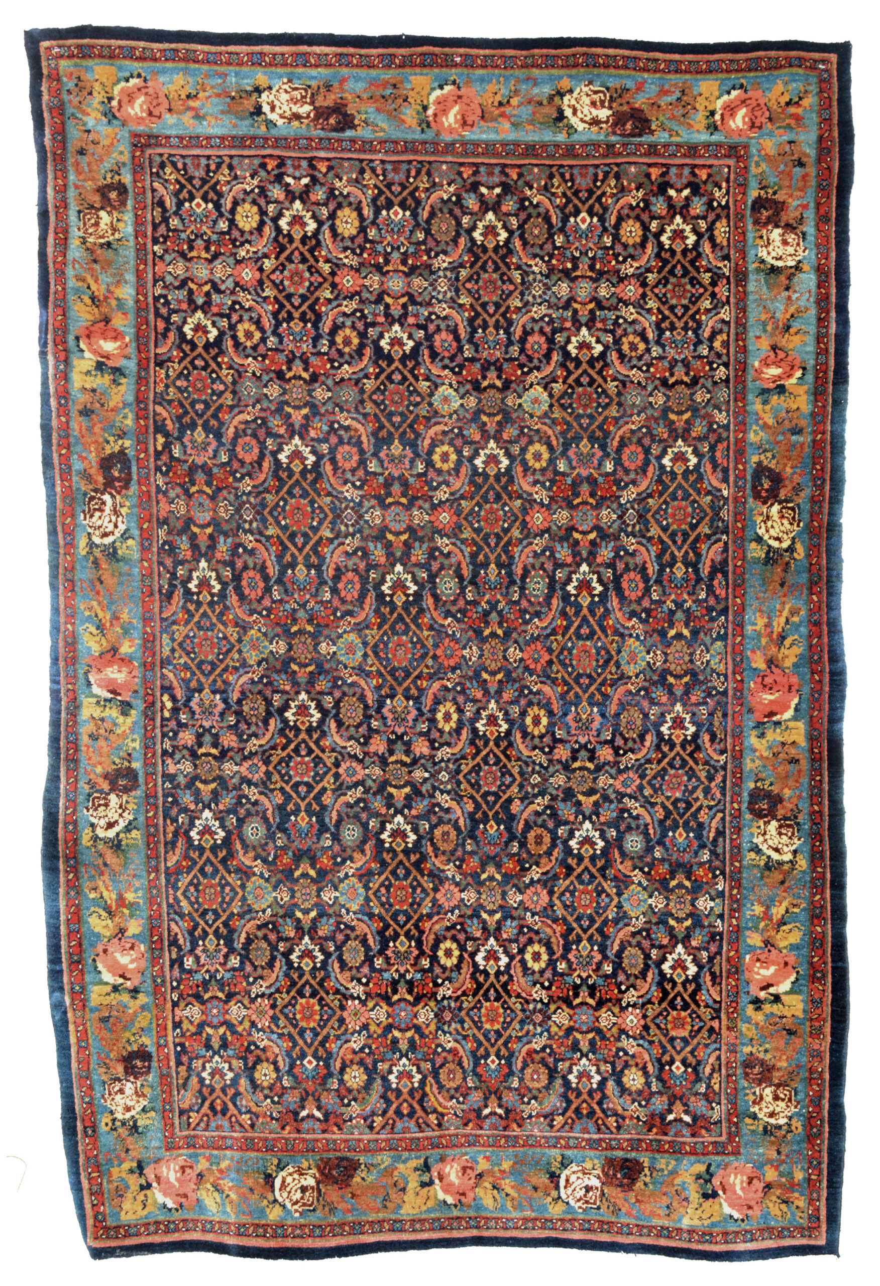 A finely woven antique Bidjar rug with the classical Herati design on a navy blue field, northwest Persian, circa 1900 -Doglas Stock Gallery, antique Persian rugs