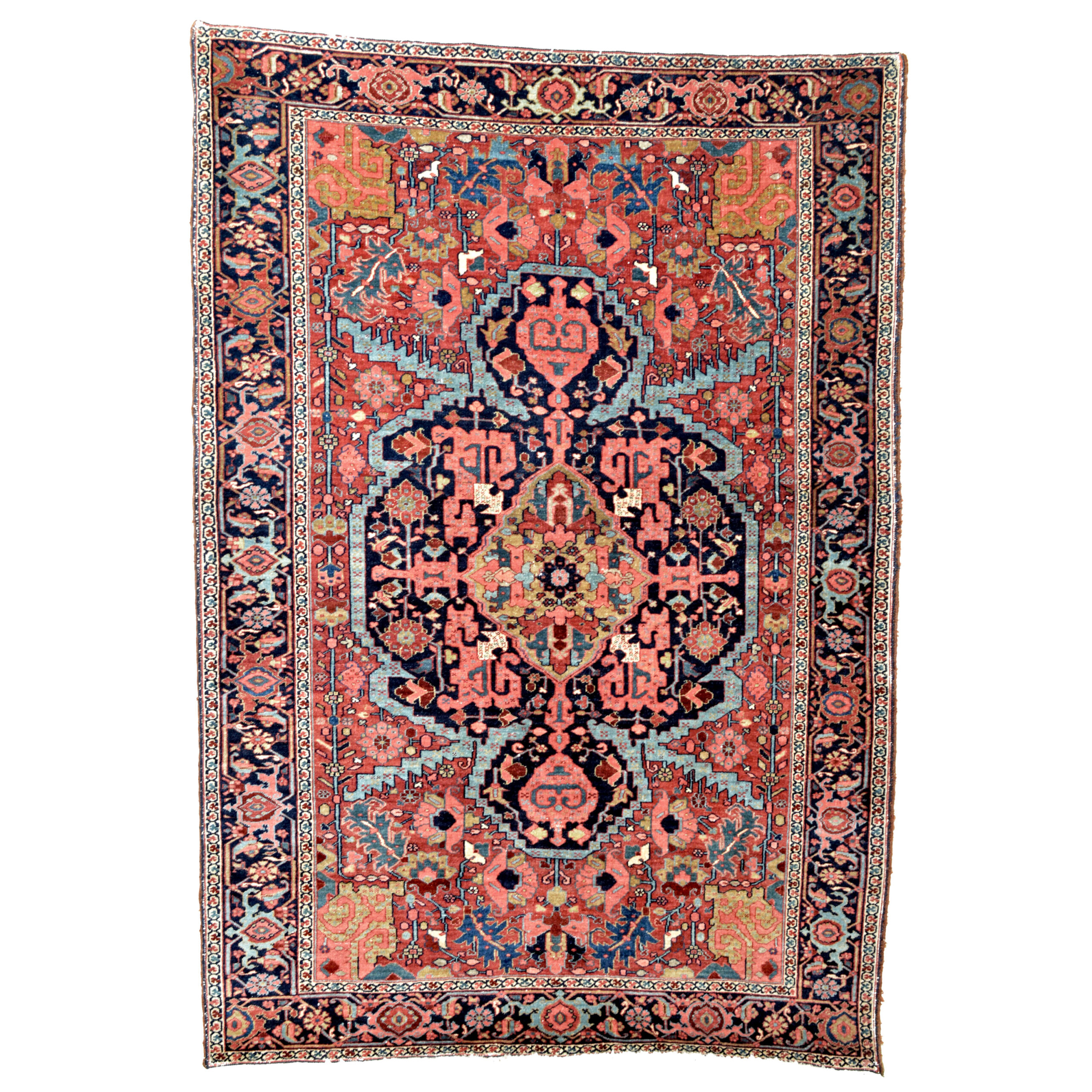 A finely woven antique Persian Heriz rug of the age and caliber where Heriz rugs are often referred to colloquially as antique "Serapi" rugs. Heriz area rugs with a medallion of this style are often attributed to the village of Bakshaish, however, the dense weave and articulation of the motifs suggest this rug was woven in Heriz itself. The brick red field is decorated with a navy blue medallion with coral and camel highlights and framed by a sky blue banding. A navy blue Turtle border frames the field. Northwest Persia, circa 1900. Douglas Stock Gallery is one of America's most selective dealers in antique Oriental rugs. Antique rugs Boston,Brookline, Newton, Wellesley, Natick,MA area, antique rugs New England, antique rugs New York by appointment, antique rugs Washington DC
