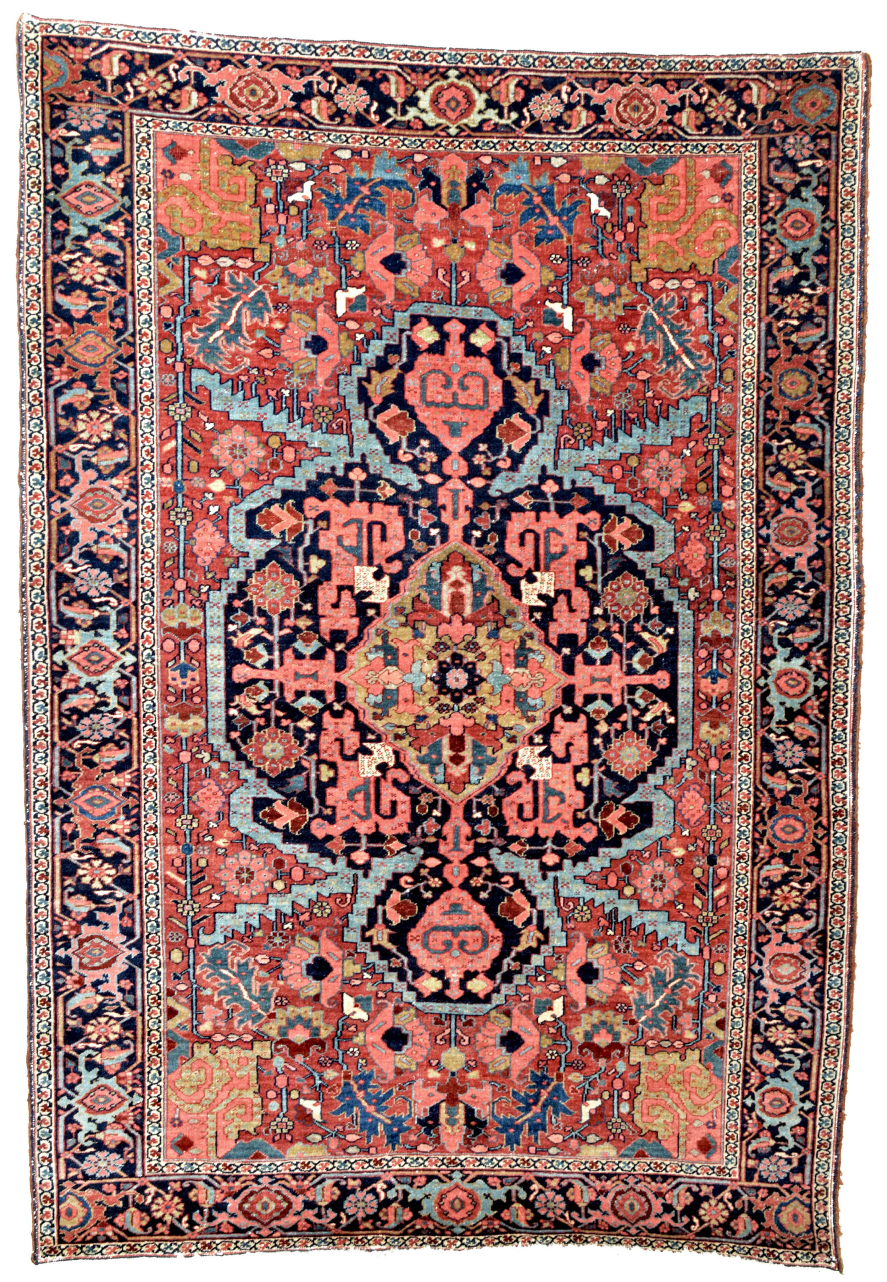 A finely woven antique Persian Heriz rug with a navy blue, Bakshaish style medallion on a brick red field that is framed by a navy blue border. Northwest Persia, circa 1900. Douglas Stock Gallery is a member of The Art & Antique Dealers League of America, and of the ADA and the international antiques organization CINOA. Antique rugs Boston Beacon Hill and Boston Back Bay, Brookline, Newton, Wellesley, Weston, Concord, South Natick,MA area