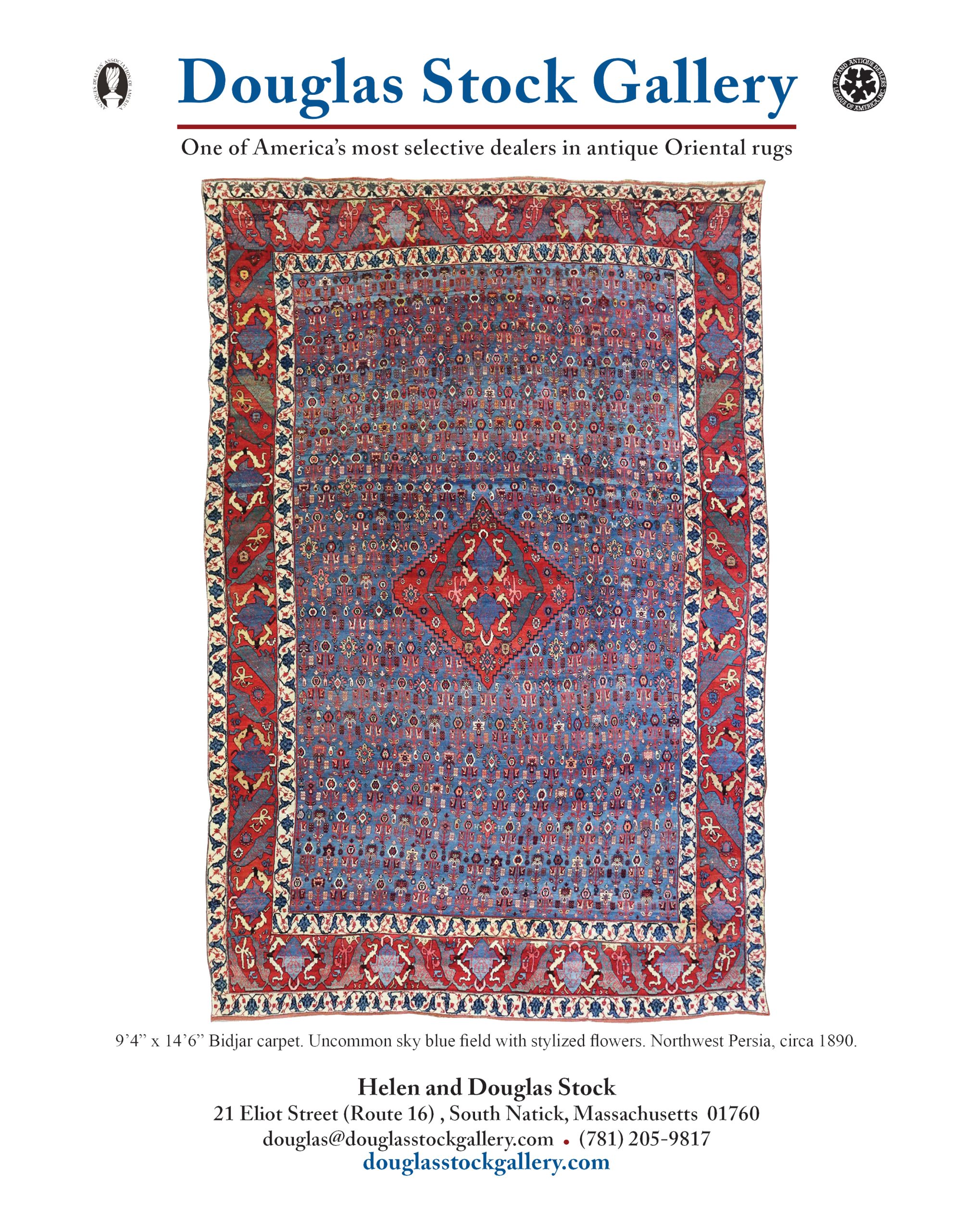 Douglas Stock Gallery advertisement for an antique Persian Bidjar carpet with an uncommon light blue field and all-over design with a small medallion. Published in the May / June issue of The Magazine Antiques. Douglas Stock Gallery antique Oriental rugs Boston,MA area