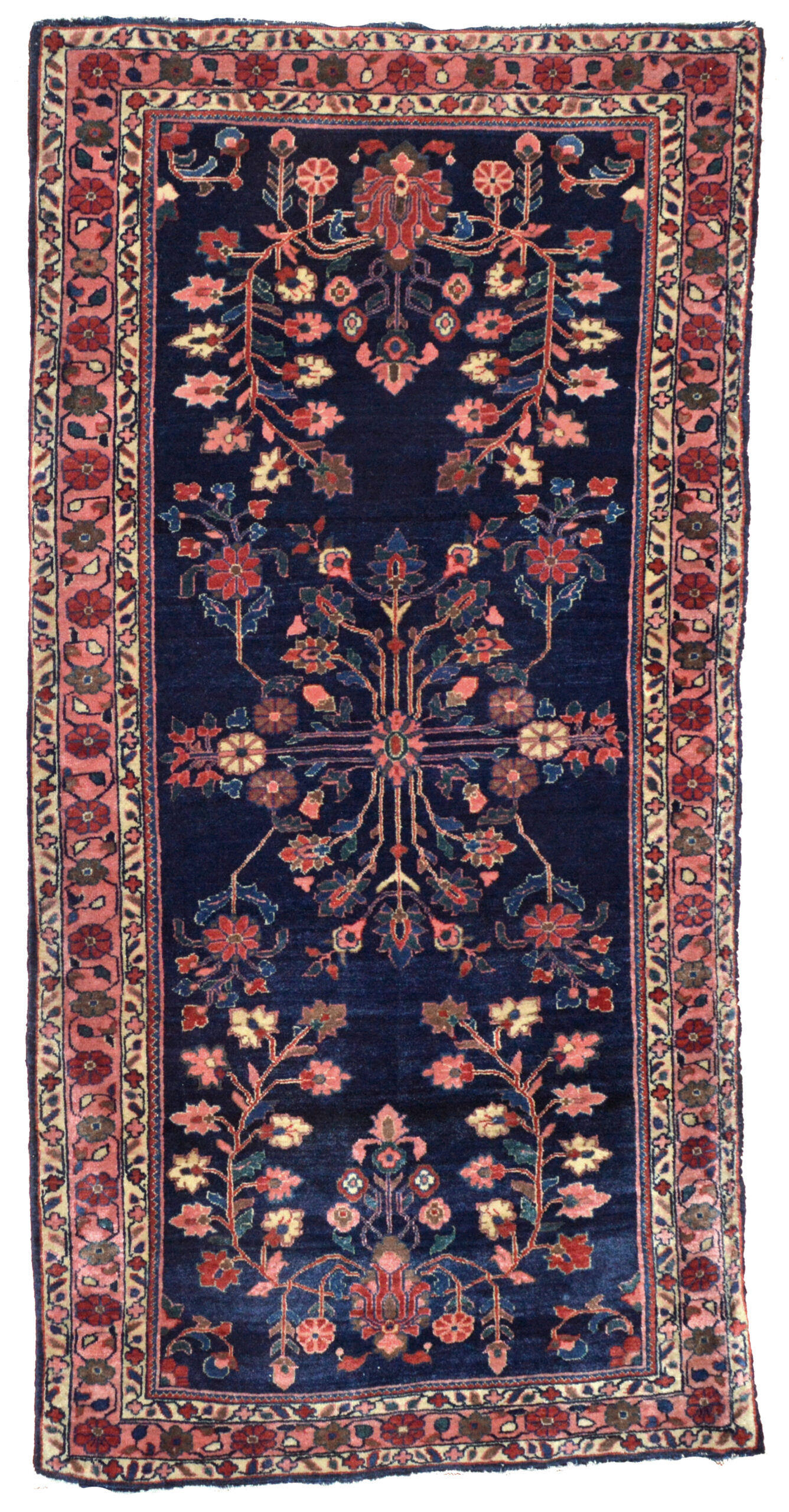 A finely woven antique Mahajaran Sarouk from central Persia's Sultanabad province, circa 1915. The navy field is decorated with floral forms and framed by a coral color border with ivory guard borders. Douglas Stock Gallery, antique Persian rugs Boston,MA area New England