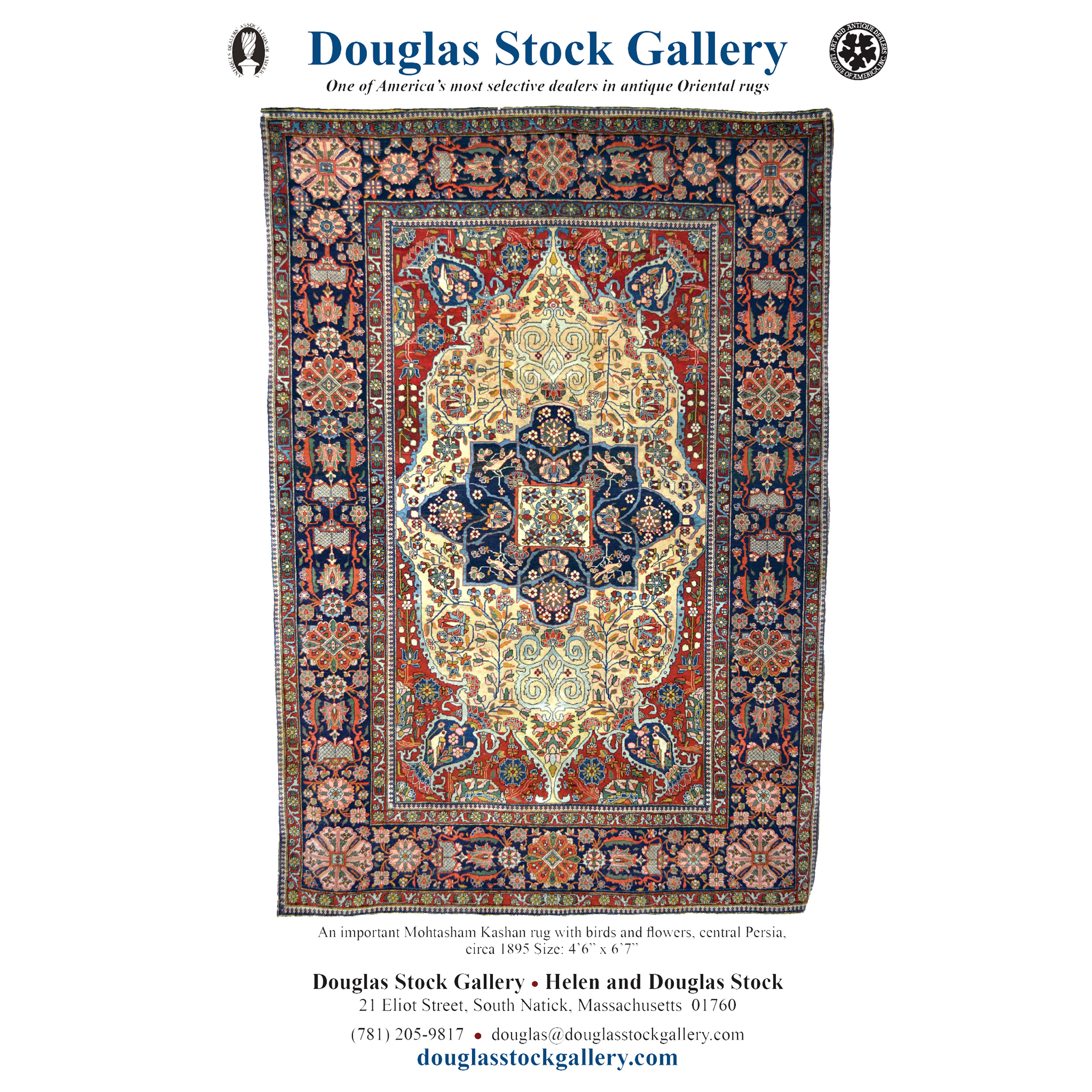 Douglas Stock Gallery advertisement in The Magazine Antiques featuring a late 19th century Persian Mohtasham Kashan rug with a navy blue medallion on an ivory field. Brick red corner spandrels with vases and birds and a navy blue border with large flowerheads frame the field. Douglas Stock Gallery, antique rugs Boston, Brookline, Newton, Weston, Wellesley, Natick,MA area