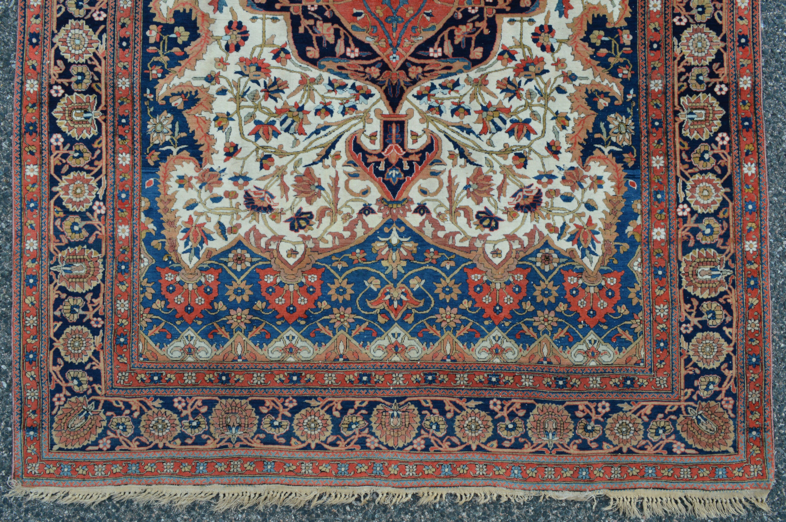 Field and border detail from a 19th century antique Persian Mohtasham Kashan rug with an ivory field, mid blue trim around the field and a navy blue border, central Persia, circa 1880. Douglas Stock Gallery, antique Persian carpets Boston,MA area, antique rugs New York City by appointment