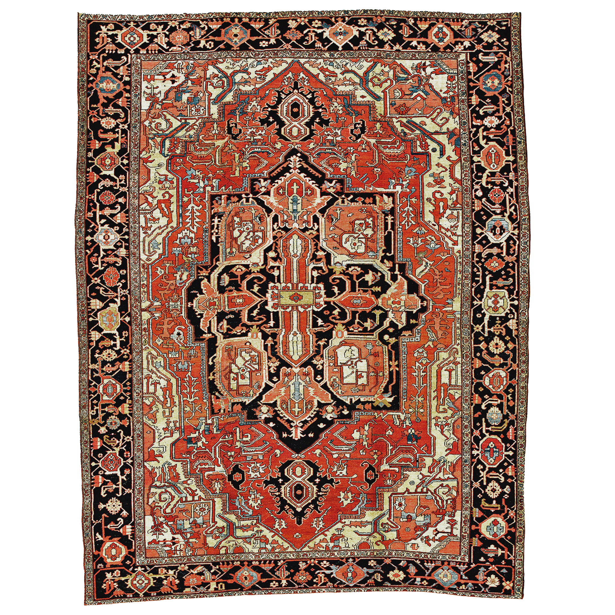 An antique Persian Heriz "Serapi" carpet with a navy blue and coral medallion on a salmon color field. Light yellow corner spandrels and a navy blue "Turtle" design border frame the field, circa 1900. Douglas Stock Gallery specializes in antique Persian Heriz "Serapi" carpet, antique rugs Boston,MA area
