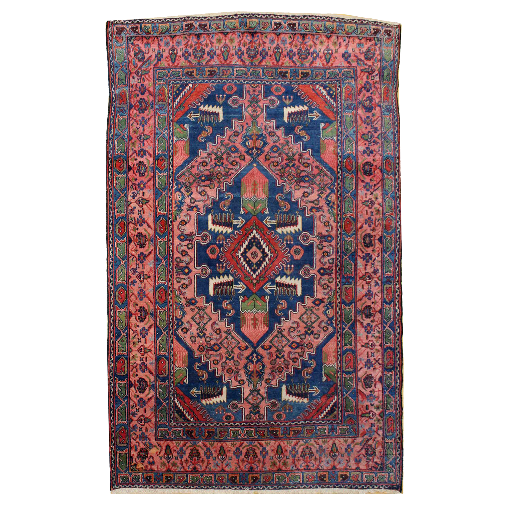 Antique west Persian Enjelas rug with coral color field and blue medallion