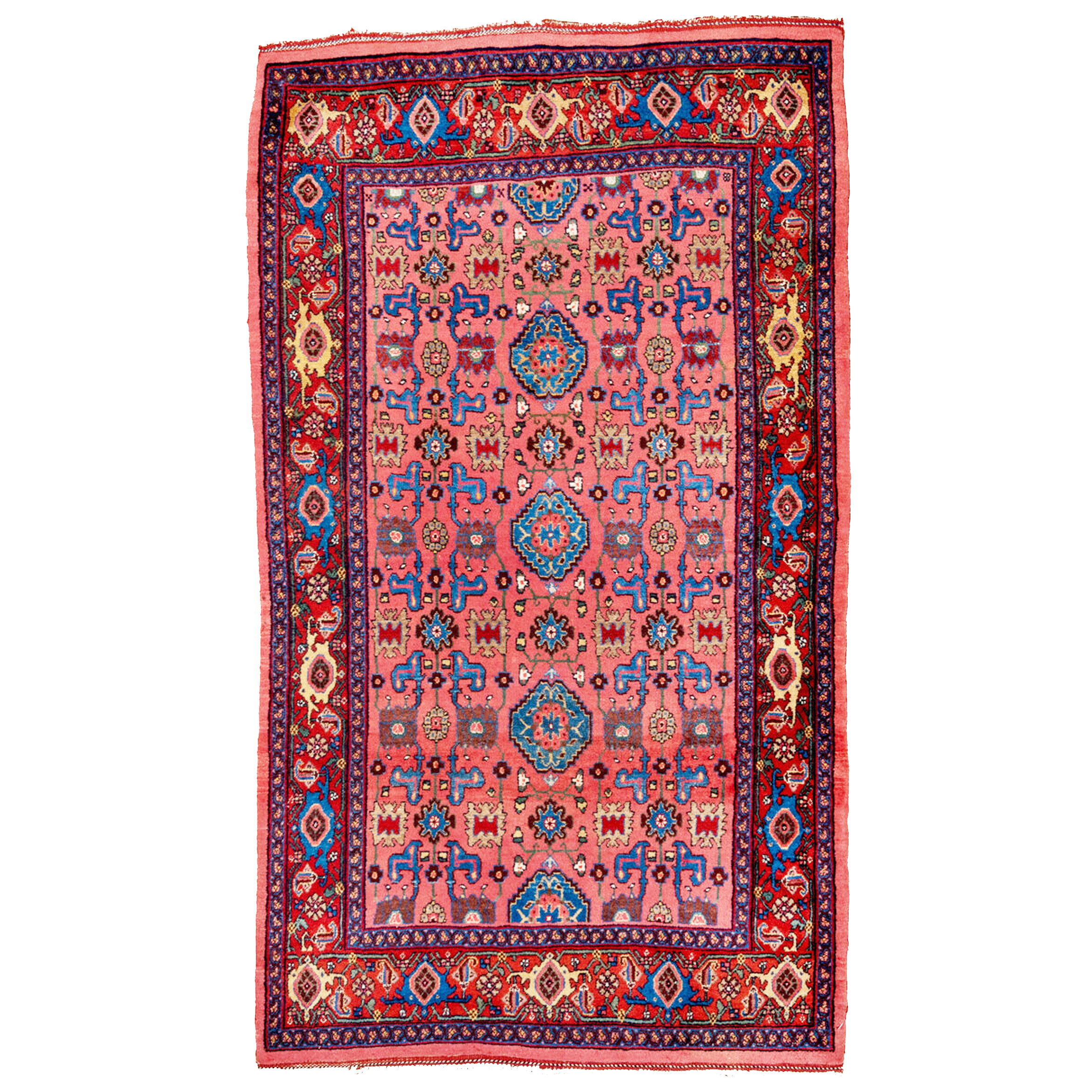 An antique Bidjar rug with the Afshan design on a coral field that is framed by a red border that is decorated with blue and yellow "Turtle" palmettes, northwest Persia, Kurdistan province, circa 1900. Douglas Stock Gallery is one of America's leading dealers in antique Persian Bidjar rugs and antique room size Bidjar carpets, antique Bidjar rugs Boston,MA area, antique Bidjar rugs New York by appointment, antique Bidjar rugs Washington, DC, Maryland, Virginia area by appointment