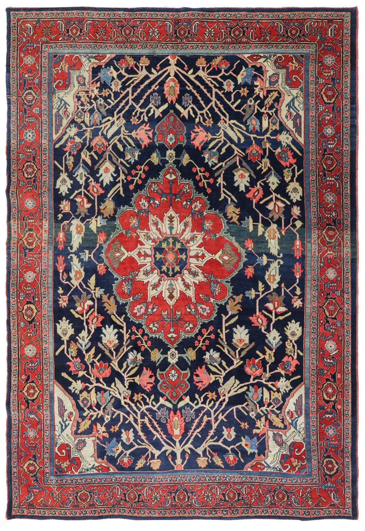 Navy Blue Field Antique Halvai Bidjar Rug, Stylized Floral Design