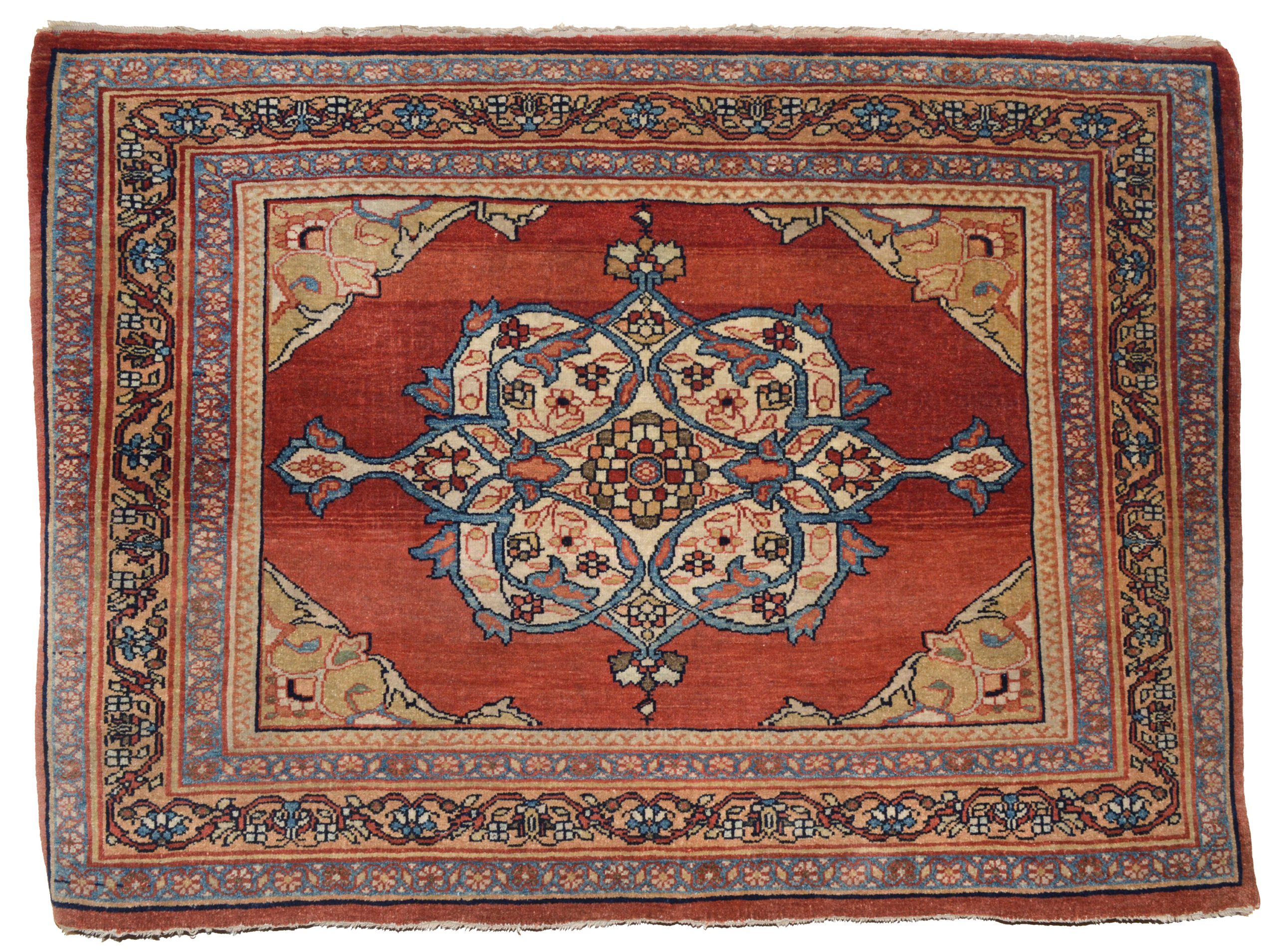 A fine and important small 19th century Persian Tabriz rug with an ivory medallion on a variegated red field that is framed by greenish-camel color corner spandrels with an Apricot color major border and light blue minor borders, northwest Persia, circa 1875. Douglas Stock Gallery, antique rugs Boston,MA area
