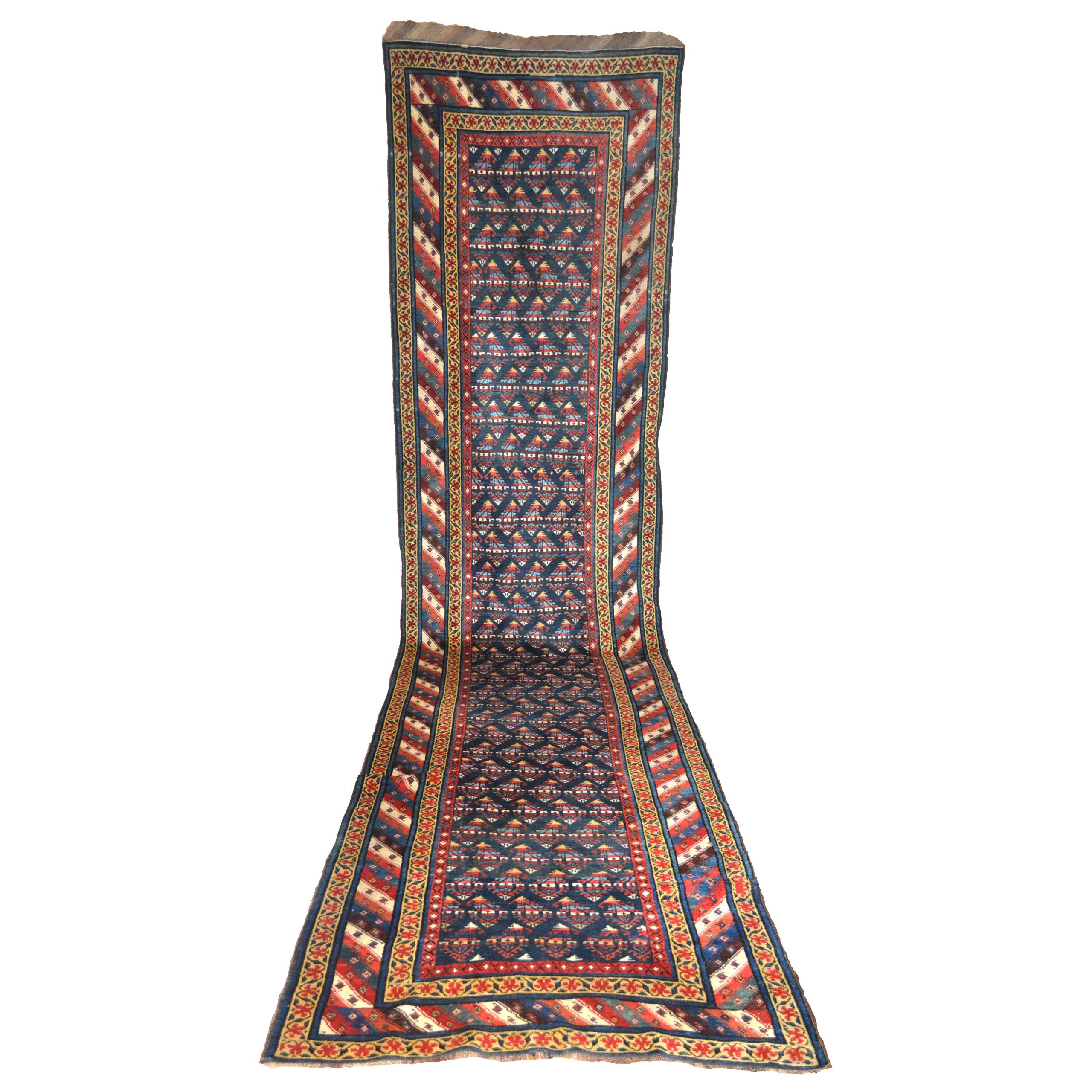 An antique northwest Persian runner with a navy blue field that is decorated with multi-color "Boteh" (Paisley shape motifs). The major border features beautifully colored diagonal stripes and is framed by yellow guard borders, northwest Persia, circa 1895. Douglas Stock Gallery, antique Oriental rugs, room size carpets, runners and bags Boston,MA area