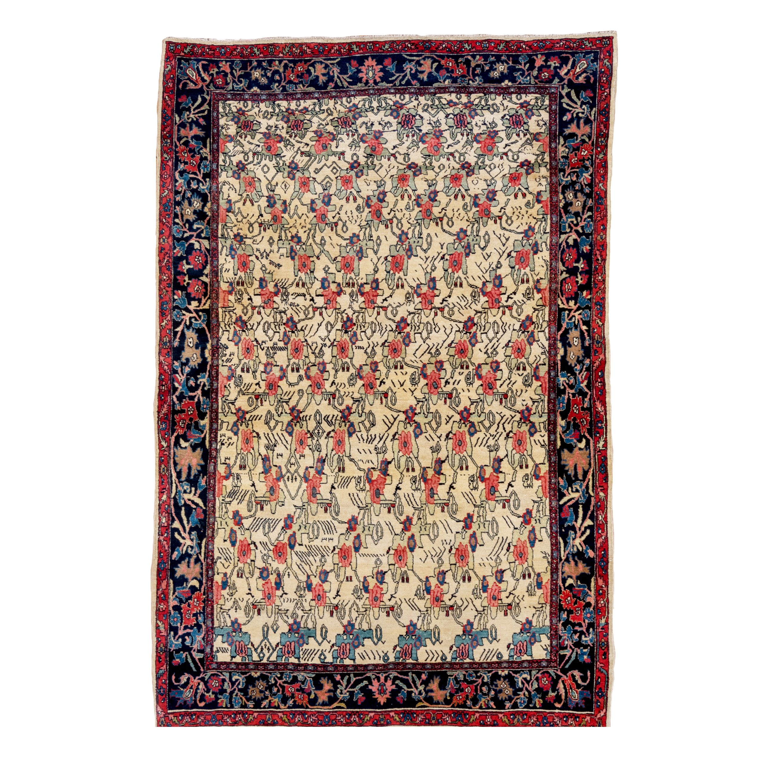 An antique Persian "Halvai" Bidjar rug with stylized elephants on an ivory field. A navy blue border with leaves, vines and flowers frames the field, northwest Persia, Kurdistan province, circa 1900. Douglas Stock Gallery antique Oriental rugs Boston,MA area, antique rugs Soth Natick,MA