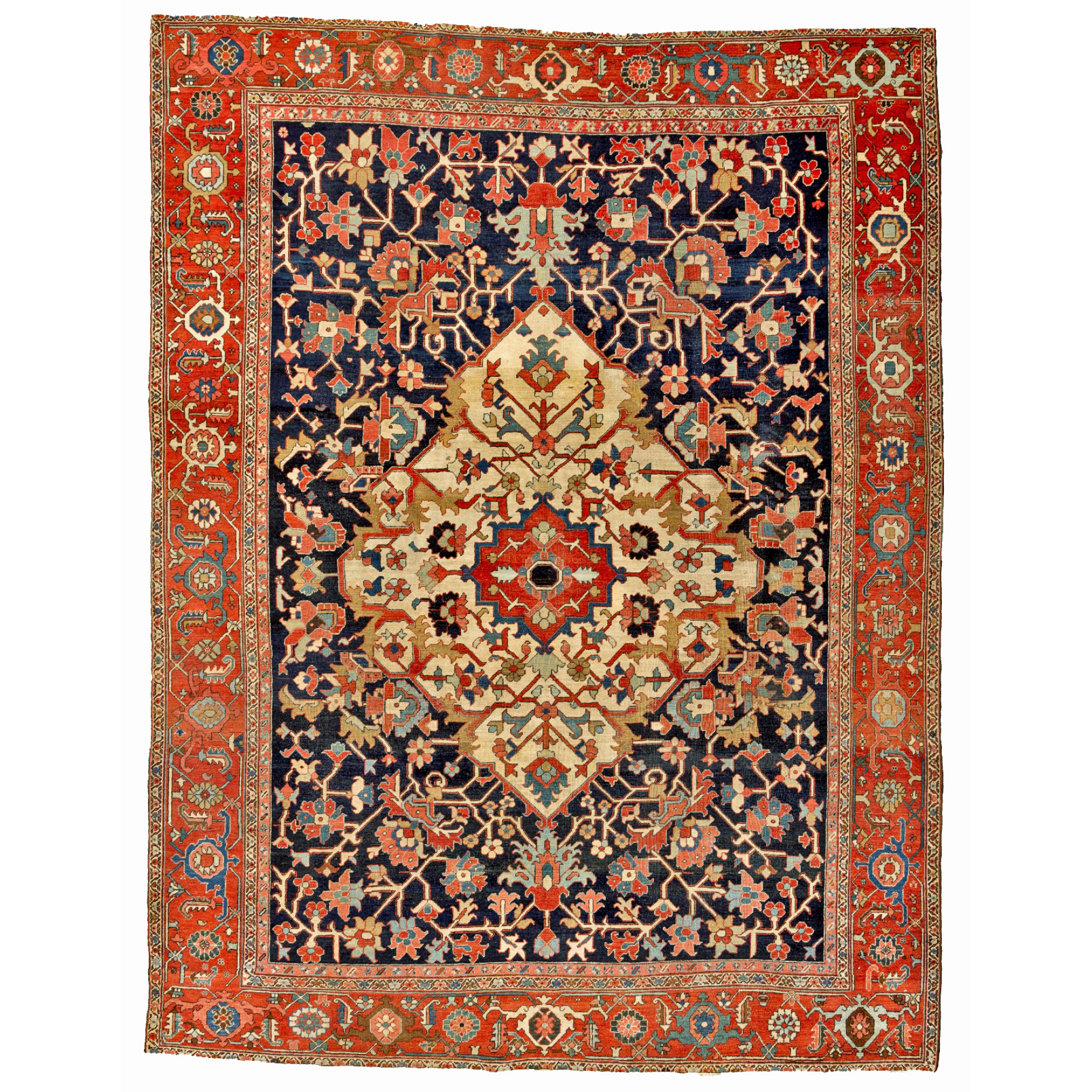 An antique Heriz "Serapi" carpet with an ivory medallion on a navy blue field that is framed by a brick red border, northwest Persia, circa 1900. Douglas Stock Gallery specializes in antique Heriz, Karaja, "Serapi" and Bakshaish carpets from the Heriz district in northwest Persia's Azerbaijan province. Antique Heriz carpets Boston,MA area New England, antique Heriz carpets NYC by appointment