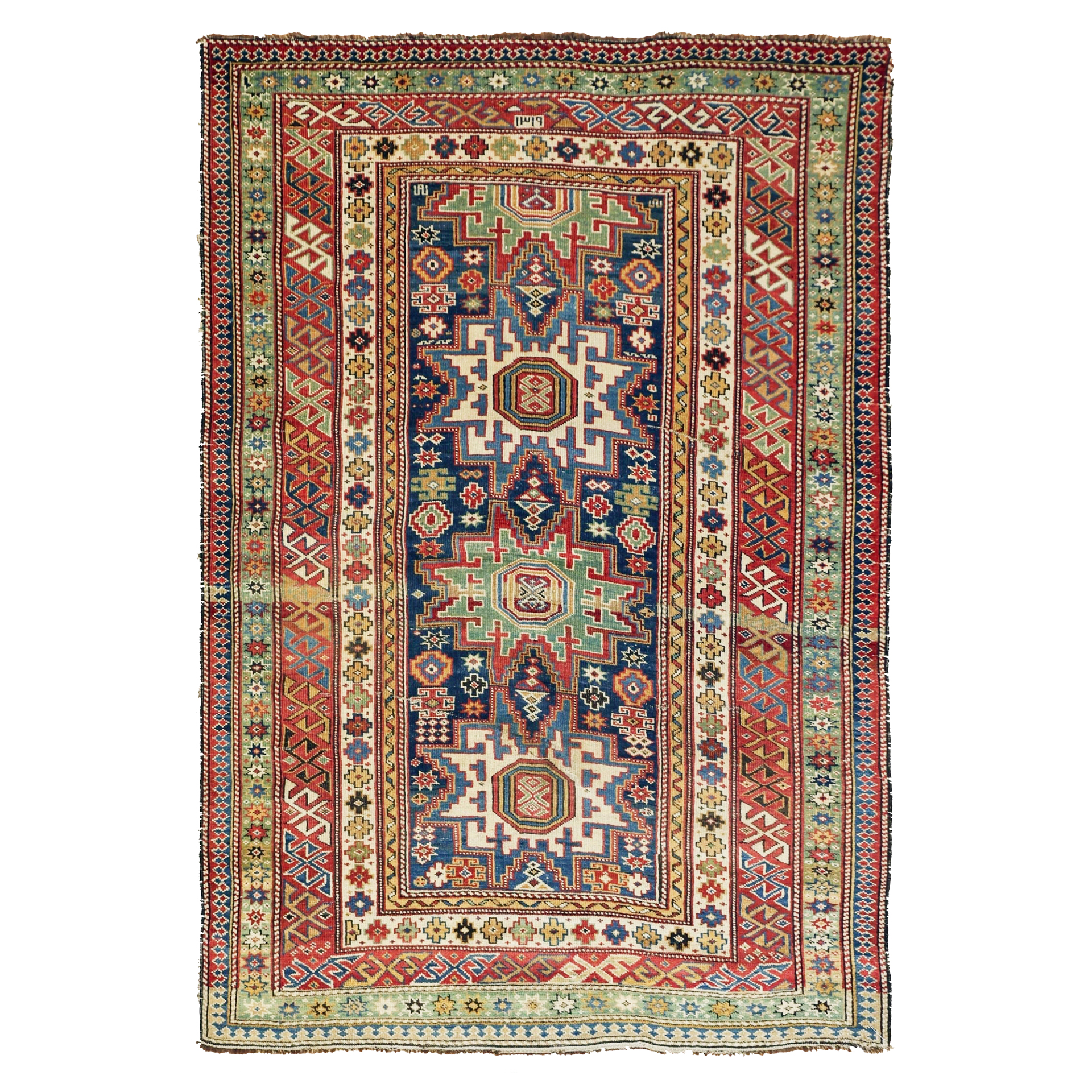 Antique Caucasian Lesghi Kuba rug with three and one half Lesghi Stars on a navy field framed by a complex border system, circa 1900