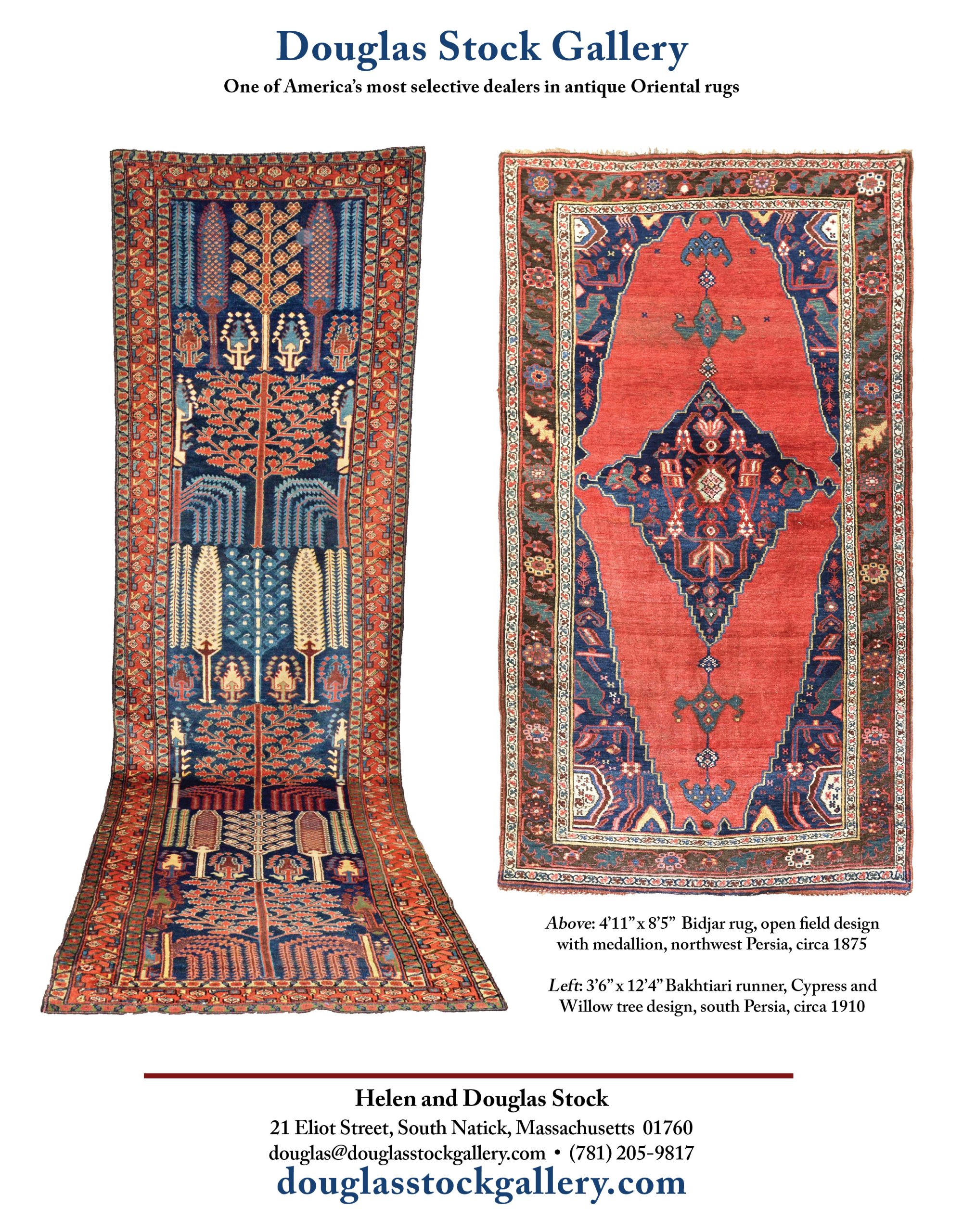 Douglas-Stock-Gallery-ad-in-May-2026-TMA-hr2.6 Douglas Stock Gallery advertisement in the May/June issue of The Magazine Antiques, featuring an antique Bakhtiari runner with a navy blue field decorated with Cypress and willow trees, and an antique Bidjar rug with a navy medallion on a red open field framed by a brown border.