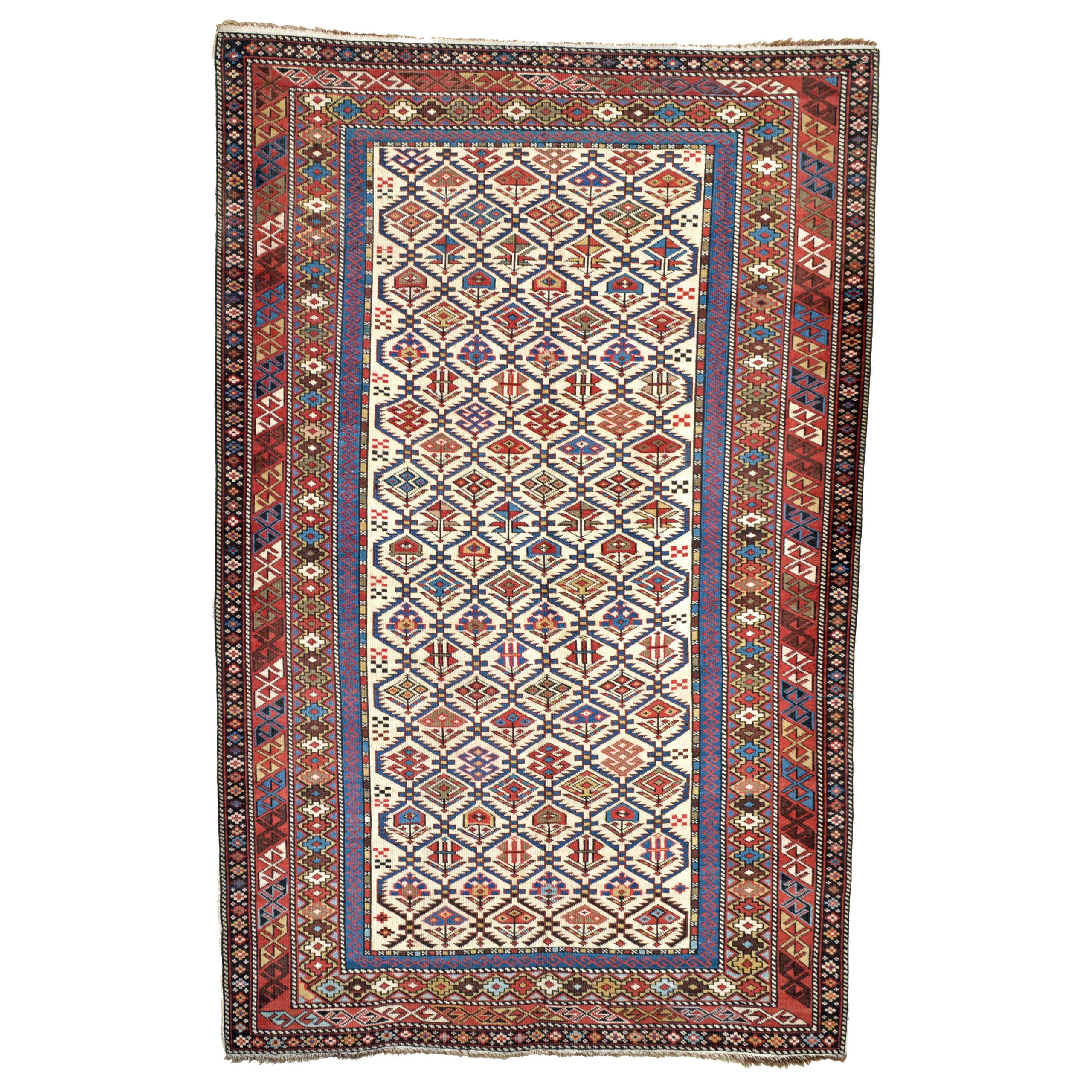 An antique Caucasian Shirvan rug. The ivory field is decorated with stylized leaves and flowers and framed by a complex border system, circa 1890.