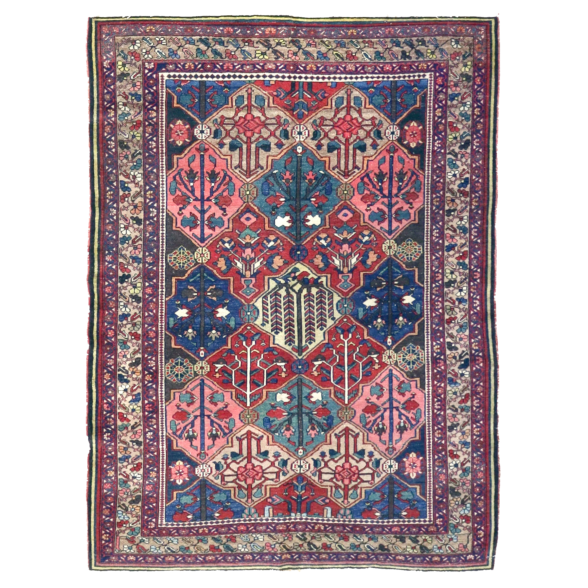 An antique Persian Bakhtiari tribal rug with a Garden Panel design. Circa 1925.