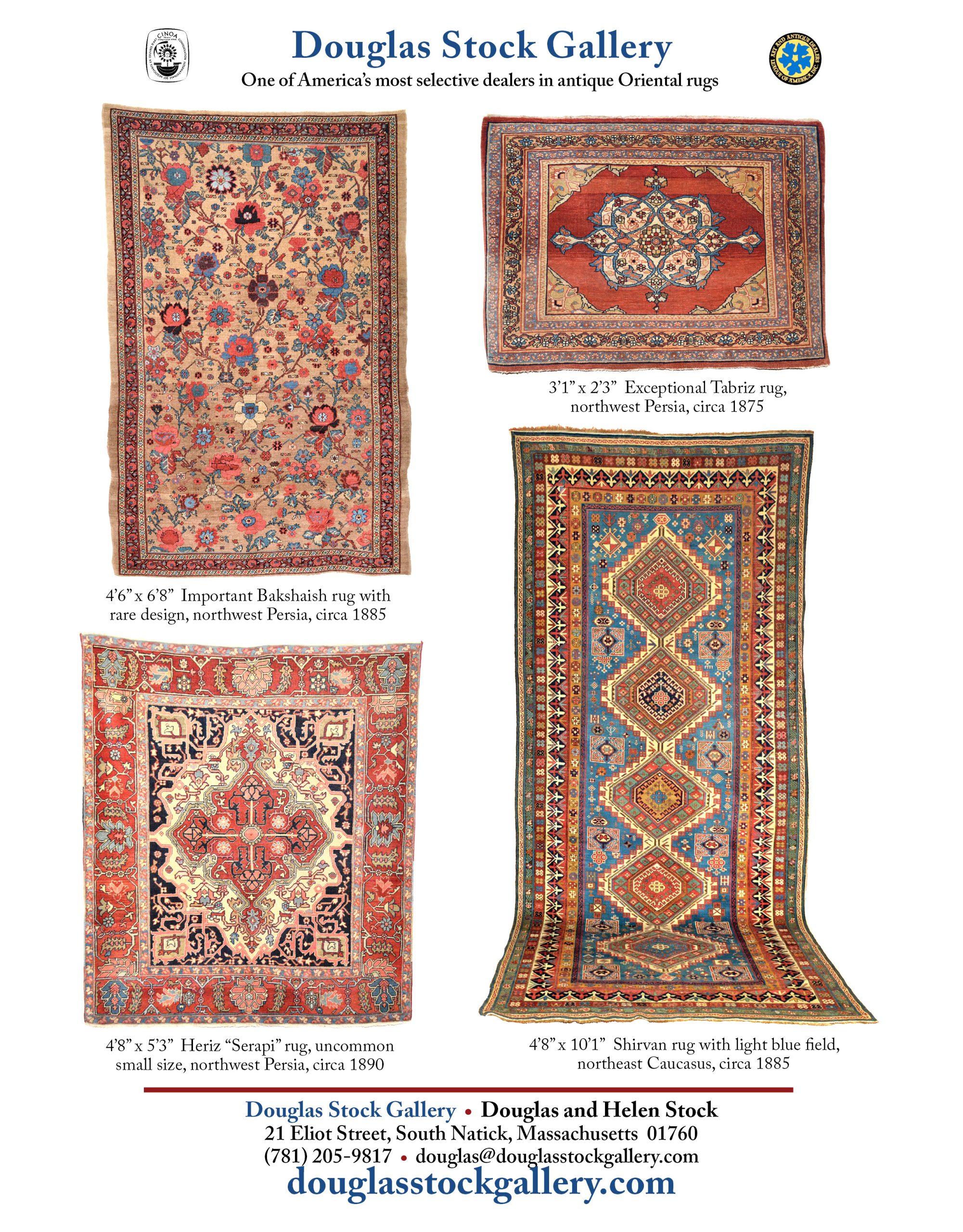 July-2025-ad-in-The-Magazine-Antiques-4-rugs-hr2.9 Douglas Stock Gallery advertisement in the July / August 2025 issue of The Magazine Antiques featuring four antique rugs